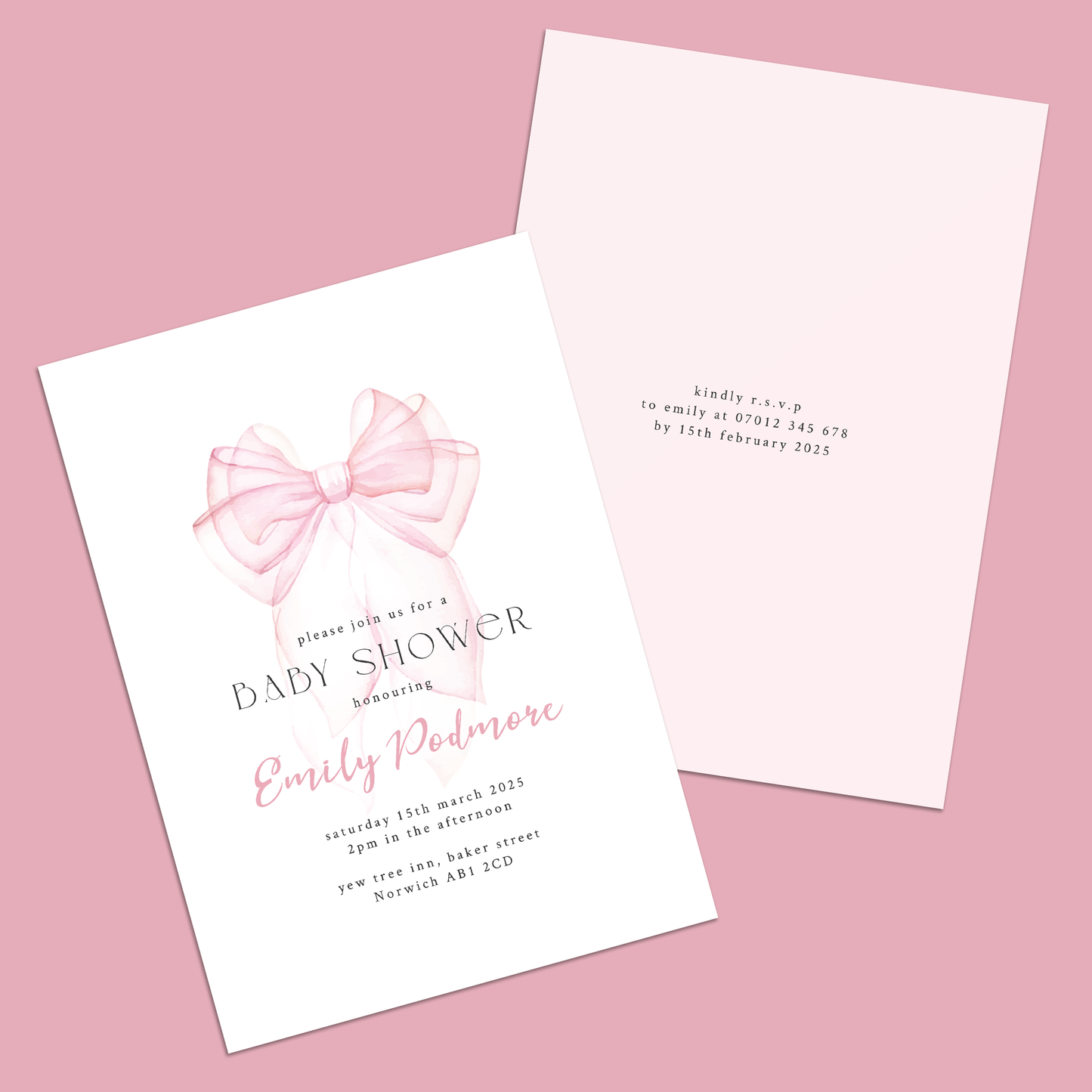 Watercolour Bow Baby Shower Invites - Pack of 10 Cards