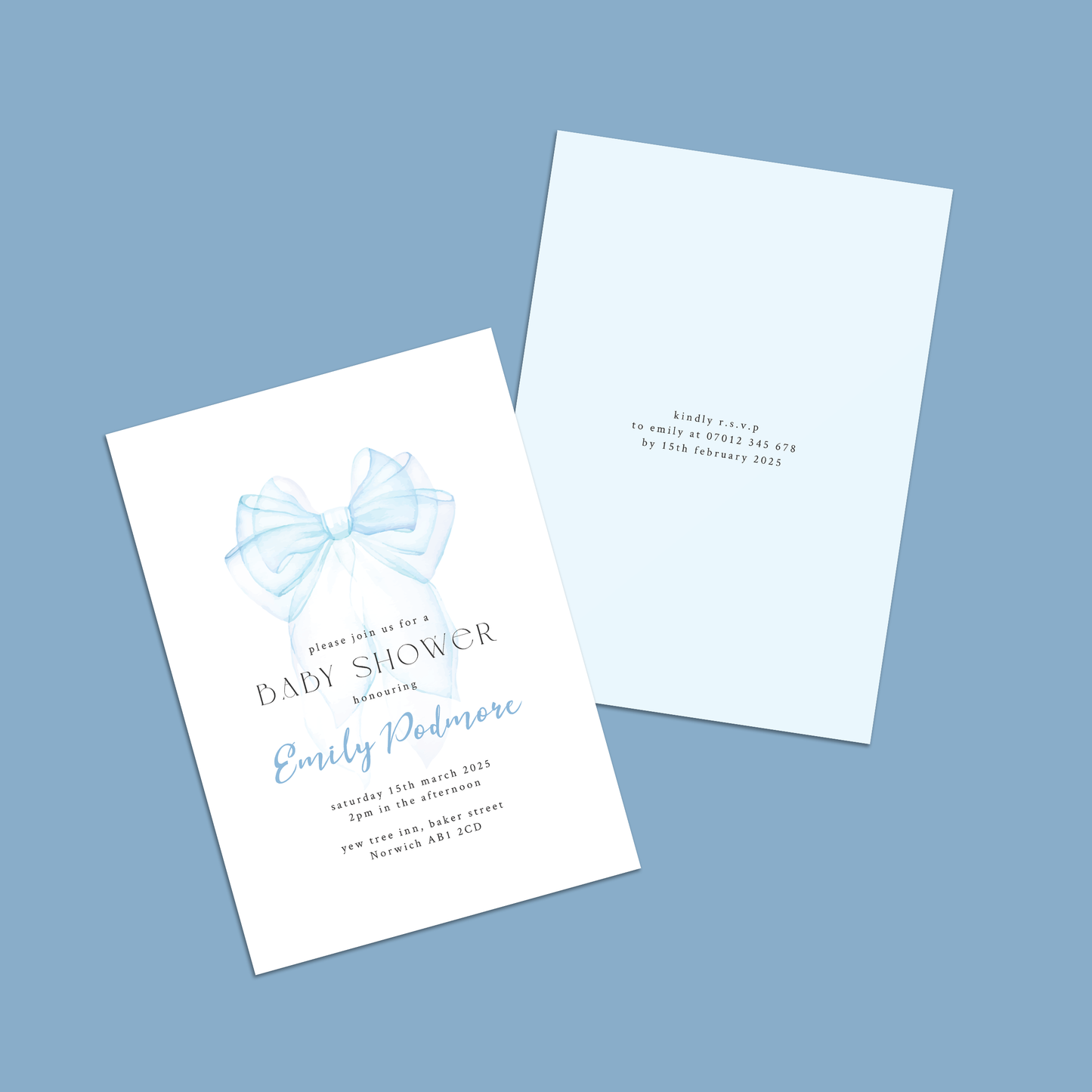Watercolour Bow Baby Shower Invites - Pack of 10 Cards