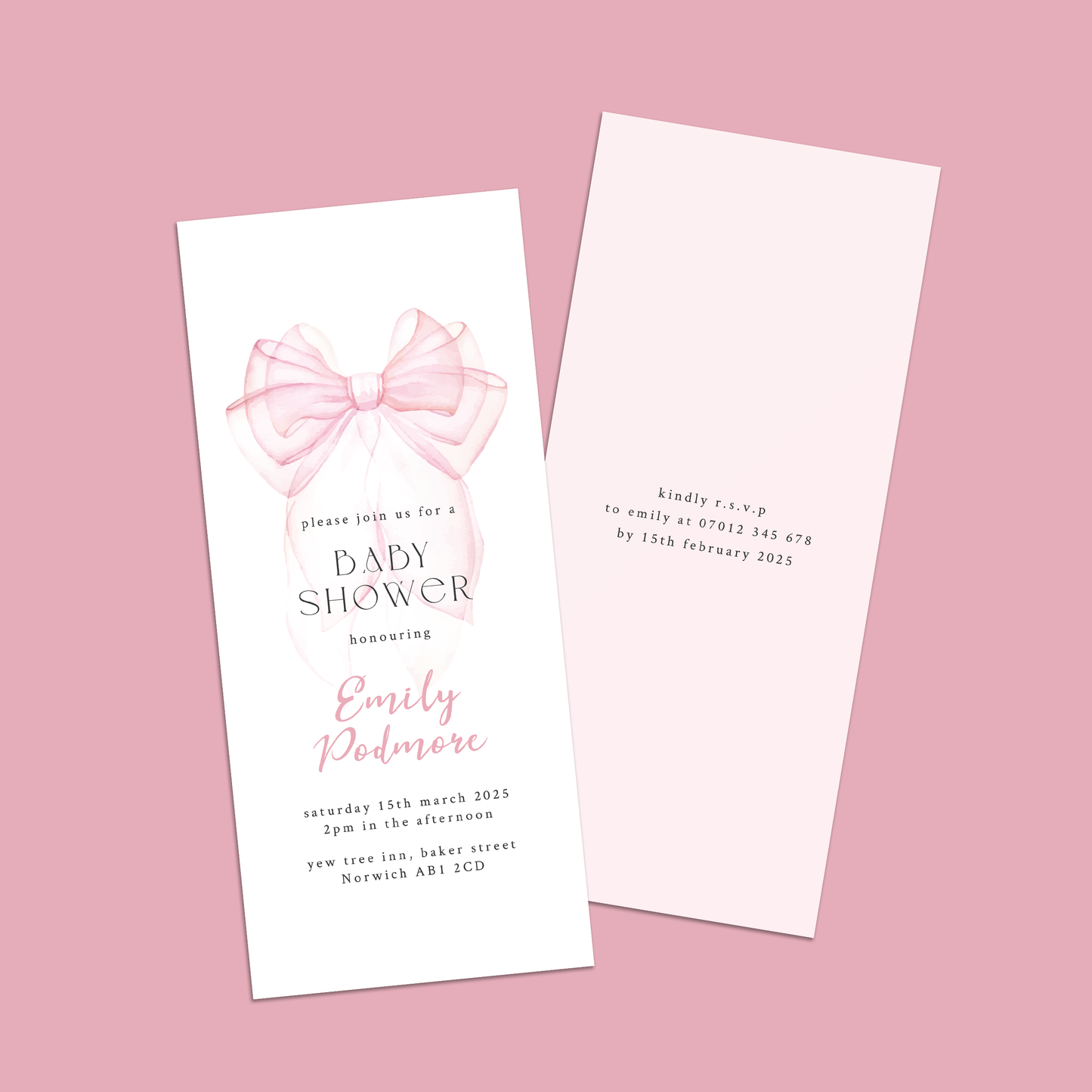 Watercolour Bow Baby Shower Invites - Pack of 10 Cards